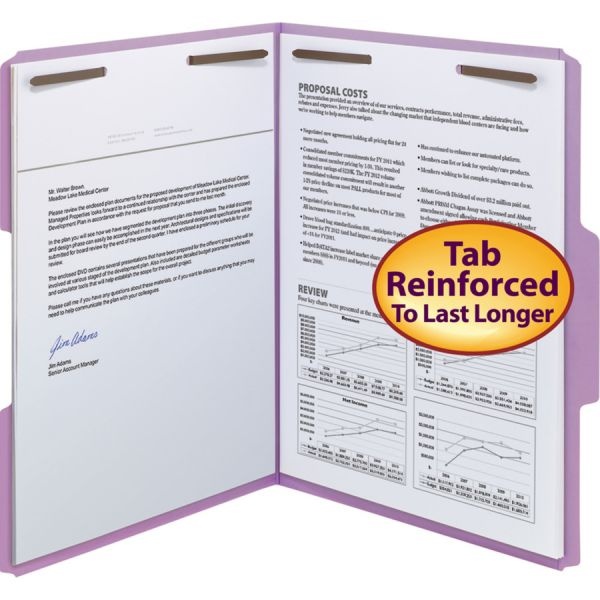 Smead Top Tab Colored Fastener Folders, 0.75" Expansion, 2 Fasteners, Letter Size, Lavender Exterior, 50/Box