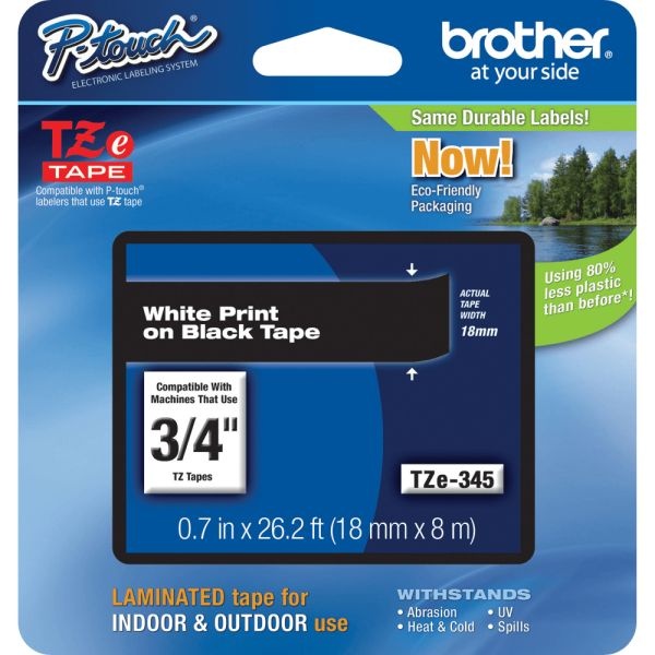 Brother Tze-345 White-On-Black Tape, 0.75" X 26.2'