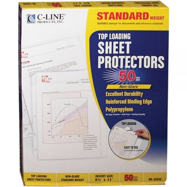 C-Line Polypropylene Top-Loading Sheet Protectors, 8 1/2" X 11", Standard Weight, Nonglare, Box Of 50