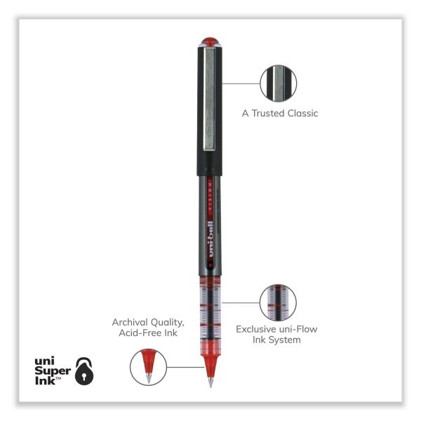 Uniball Vision Roller Ball Pen, Stick, Extra-Fine 0.5 Mm, Red Ink, Gray/Red Barrel, Dozen