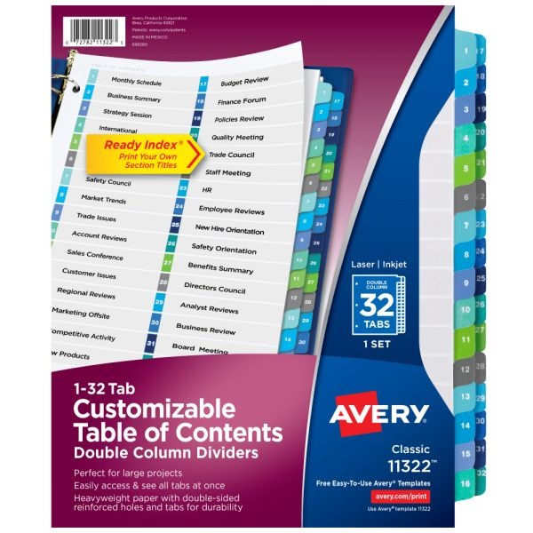 Avery Ready Index 1-32 Tab Double Column Binder Dividers With Customizable Table Of Contents, 8-1/2" X 11", 32 Tab, White/Multicolor, 1 Set