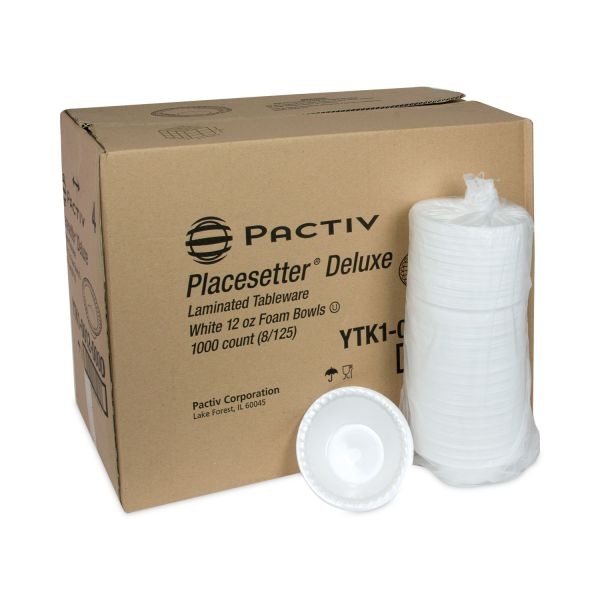Pactiv Evergreen Placesetter Deluxe Laminated Foam Dinnerware, Bowl, 12 Oz, 6" Dia, White, 1,000/Carton