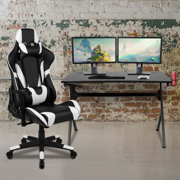 Optis Black Gaming Desk And Black Reclining Gaming Chair Set With Cup Holder, Headphone Hook & 2 Wire Management Holes