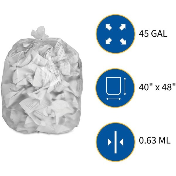 Genuine Joe 45 Gallon Trash Bags, Clear, High-Density, 16 Micron, 250/Carton