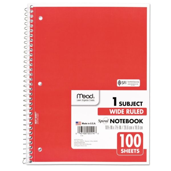Mead Spiral Notebook, 3-Hole Punched, 1-Subject, Wide/Legal Rule, Randomly Assorted Cover Color, (100) 10.5 X 7.5 Sheets