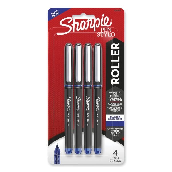 Sharpie Roller Professional Design Roller Ball Pen, Stick, Fine 0.5 Mm, Blue Ink, Black/Blue Barrel, 4/Pack