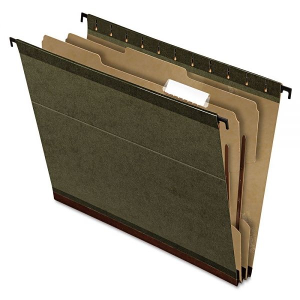 Pendaflex Surehook Reinforced Hanging Divider Folders, 2" Expansion, 1 Divider, 4 Fasteners, Letter Size, Green Exterior, 10/Box