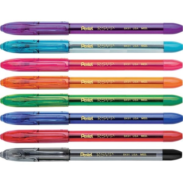 Pentel R.S.V.P. Ballpoint Pens, Medium Point, 1.0 Mm, Clear Barrel, Assorted Ink Colors, Pack Of 8