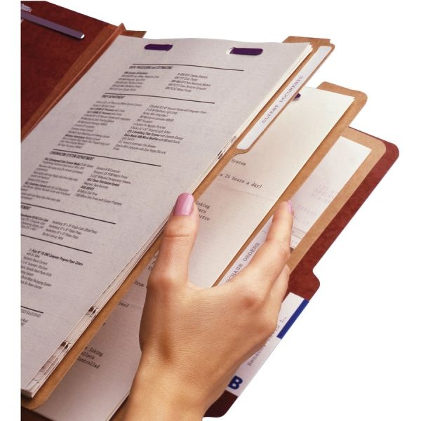 Smead Pressboard Classification Folders With Safeshield Coated Fasteners, 2/5 Cut, 3 Dividers, Letter Size, Red, 10/Box