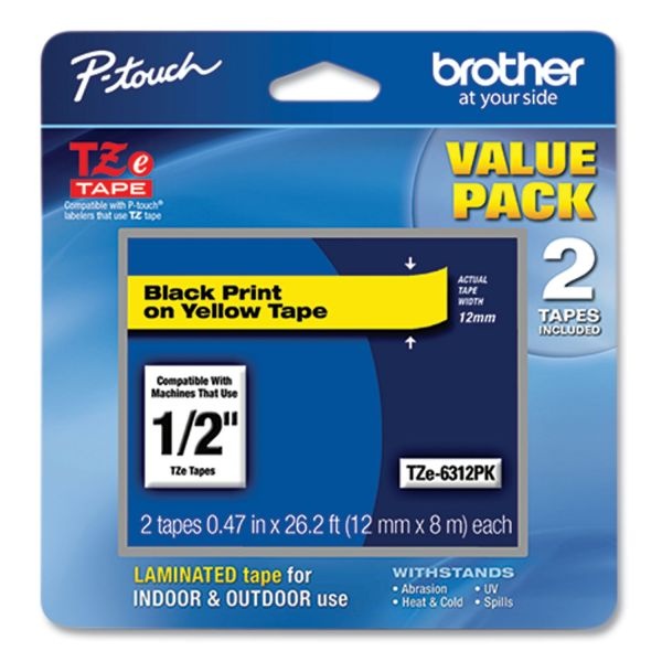 Brother P-Touch Tze Standard Adhesive Laminated Labeling Tape, 0.47" X 26.2 Ft, Black On Yellow, 2/Pack