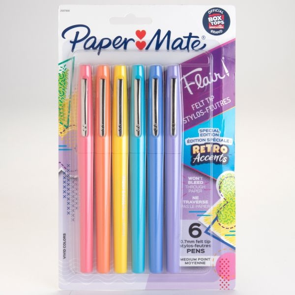 Paper Mate Flair Felt Tip Porous Point Pen, Stick, Medium 0.7 Mm, Assorted Ink And Barrel Colors With Retro Accents, 6/Pack
