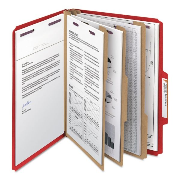 Smead Classification Folders, Top-Tab With Safeshield Coated Fasteners, 3 Dividers, 3" Expansion, Letter Size, 3" Expansion, 50% Recycled, Bright Red, Box Of 10