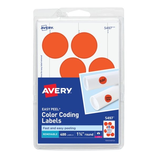 Avery Removable Print Or Write Color Coding Labels For Laser Printers, 5497, Round, 1-1/4" Diameter, Neon Red, Pack Of 400 Labels