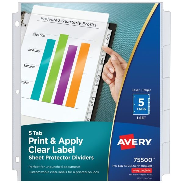 Avery Sheet Protector Dividers For 3 Ring Binders With Easy Print & Apply Index Maker Label Strip, 8-1/2" X 11", 5 Tab, Clear With Customizable White Tabs, 1 Set
