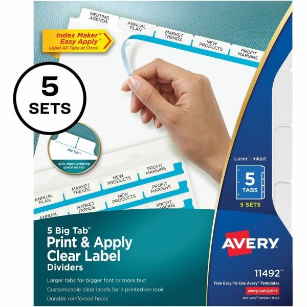 Avery Big Tab Print & Apply Clear Label Dividers With Index Maker Easy Apply Printable Label Strip, 5-Tab, White, Pack Of 5 Sets
