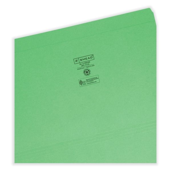 Smead Reinforced Top Tab Colored File Folders, Straight Tabs, Legal Size, 0.75" Expansion, Green, 100/Box