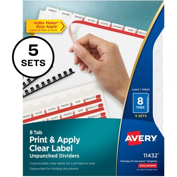Avery Print & Apply Clear Label Unpunched Dividers, 8-Tab, White Tab, Letter, 5 Sets