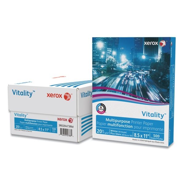 Vitality Multipurpose Print Paper, 92 Bright, 20Lb, 8.5 X 11, White, 500 Sheets/Ream, 3 Reams/Carton