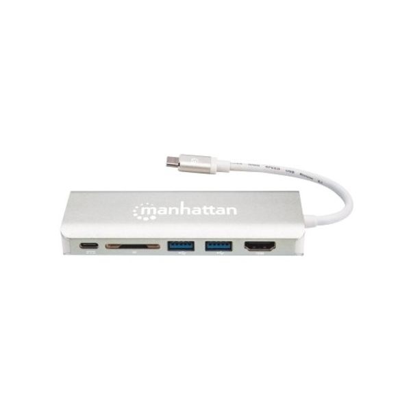 Manhattan Usb-C Dock/Hub With Card Reader, Ports (X5): Ethernet, Hdmi, Usb-A (X2) And Usb-C, With Power Delivery To Usb-C Port (60W), Cable 13Cm, Aluminium, Grey, Three Year Warranty, Retail Box