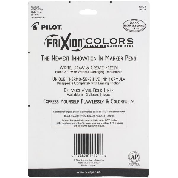 Pilot Frixion Colors Bold Point Erasable Marker Pen 6/Pkg