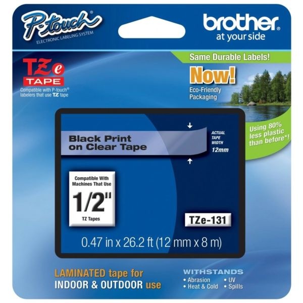 Brother Tze-131 Black-On-Clear Tape, 0.5" X 26.2'