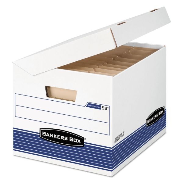 Bankers Box Systematic Medium-Duty Strength Storage Boxes, Letter/Legal Files, White/Blue, 12/Carton