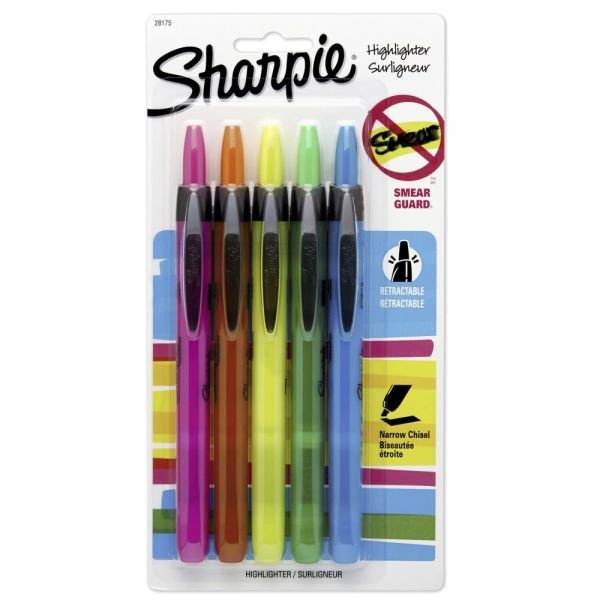 Sharpie Accent Retractable Highlighters, Assorted Colors, Pack Of 5