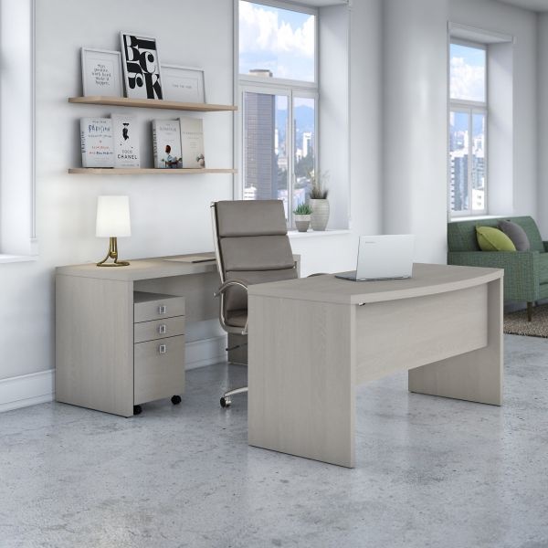 Office By Kathy Ireland Echo Bow Front Desk And Credenza With Mobile File Cabinet In Gray Sand