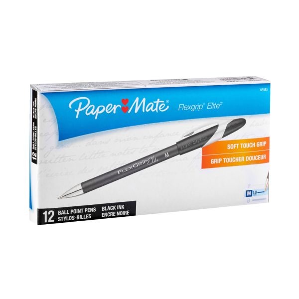 Paper Mate Flexgrip Elite Ballpoint Stick Pens, Medium Point, 1.0 Mm, Black Barrel, Black Ink, Pack Of 12