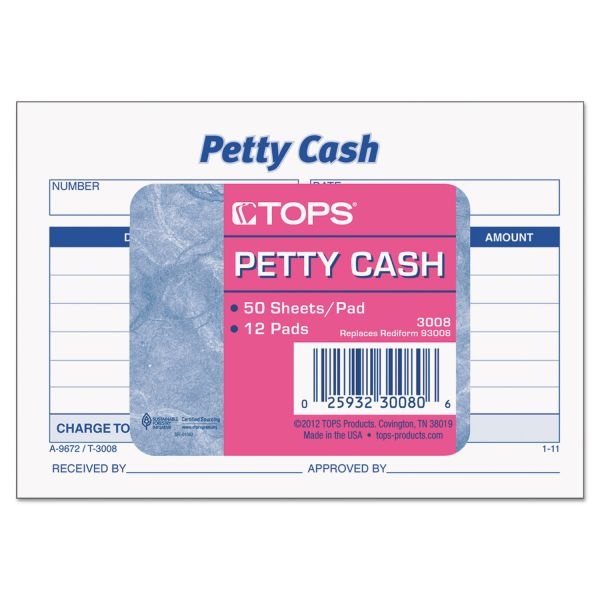 Tops Received Of Petty Cash Slips, 3.5 X 5, 1/Page, 50/Pad, 12 Pads/Pack