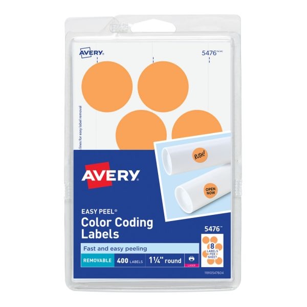 Avery Removable Color-Coding Labels, Removable Adhesive, 5476, Round, 1-1/4" Diameter, Neon Orange, Pack Of 400 Labels