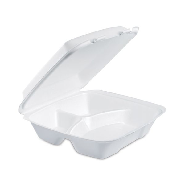 Dart Large Carryout Foam Trays, 3 Compartments, 9" X 9", White, Pack Of 100