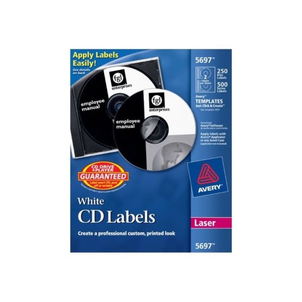 Avery Cd Labels Removable Adhesive, Circle, Laser, White, 2 Per Sheet, Pack Of 250