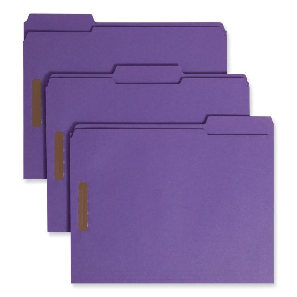 Smead Top Tab Colored Fastener Folders, 0.75" Expansion, 2 Fasteners, Letter Size, Purple Exterior, 50/Box