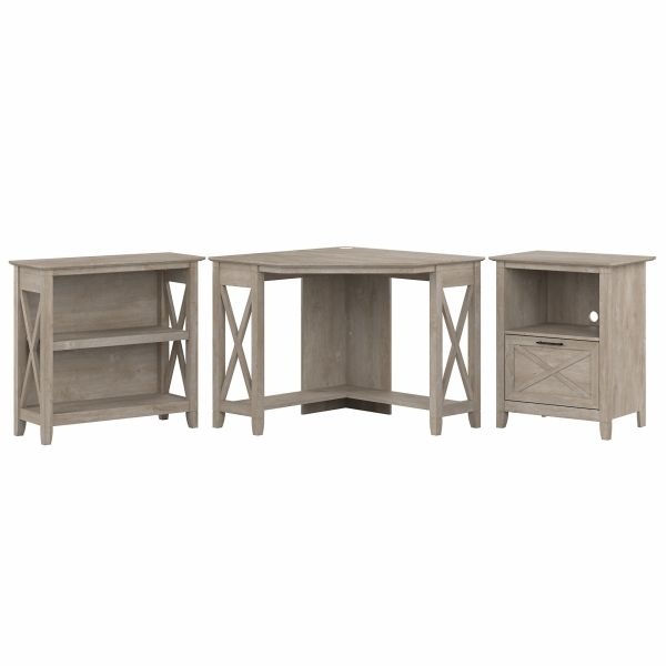 Bush Furniture Key West Small Corner Desk With Bookcase And Lateral File Cabinet In Washed Gray