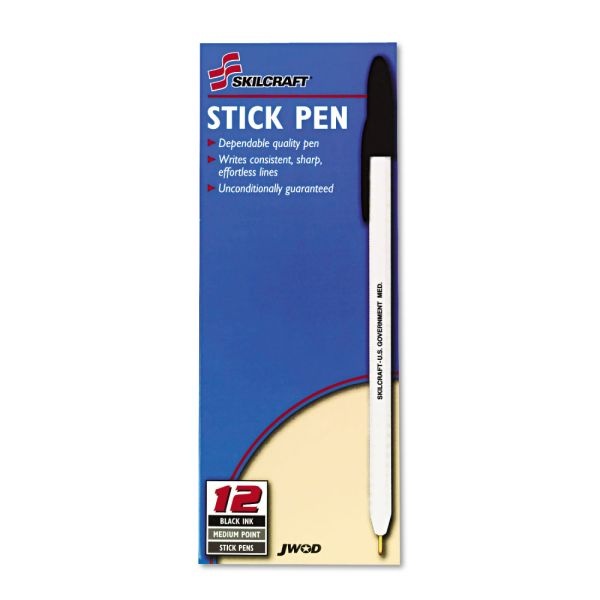 Skilcraft Ballpoint Pens, Medium Point, White Barrel, Black Ink, Pack Of 12