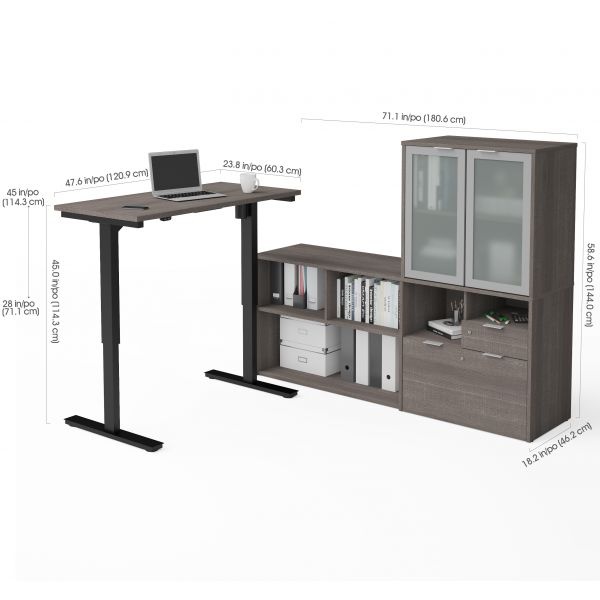 Bestar I3 Plus Height Adjustable L-Desk With Frosted Glass Door Hutch In Bark Gray