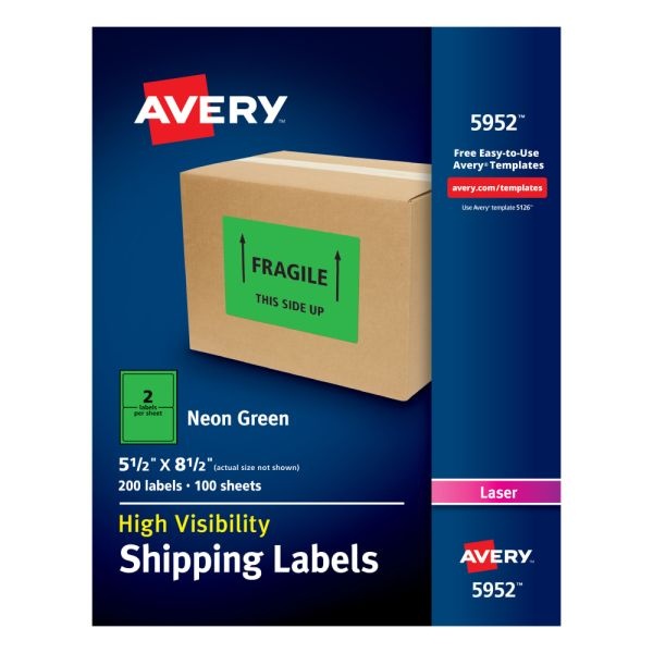 Avery High-Visibility Permanent Shipping Labels, 5952, 5 1/2" X 8 1/2", Neon Green, Pack Of 200