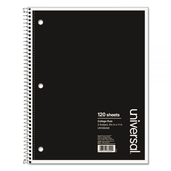 Universal Wirebound Notebook, 3 Subject, Medium/College Rule, Black Cover, 11 X 8.5, 120 Sheets