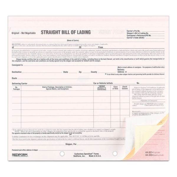 Rediform Bill Of Lading Short Form, Three-Part Carbonless, 7 X 8.5, 1/Page, 250 Forms