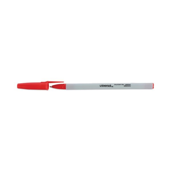Universal Economy Stick Ballpoint Pens, Pack Of 12, Bold Point, 1.0 Mm, Gray Barrel, Red Ink