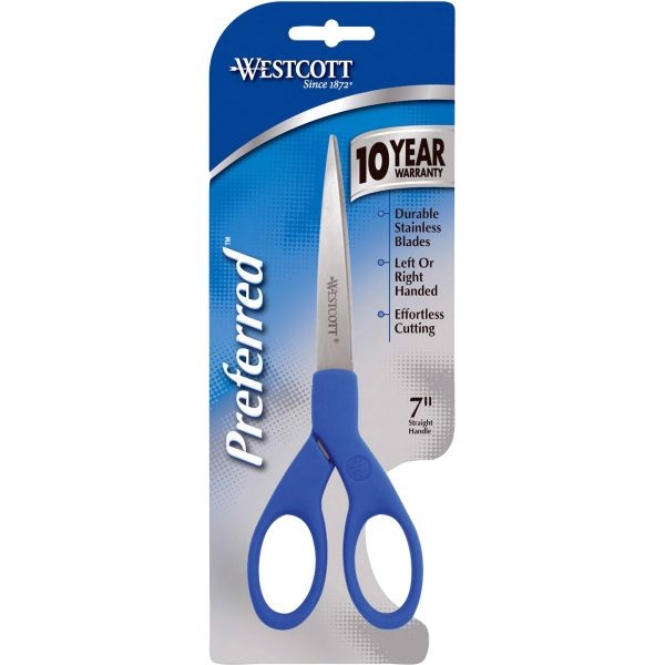 Westcott Preferred Line Stainless Steel Scissors, 7" Long, 2.5" Cut Length, Blue Straight Handle