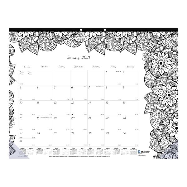 Blueline Monthly Desk Pad Calendar, Doodleplan Coloring Pages, 22 X 17, Black Binding, Clear Corners, 12-Month (Jan To Dec): 2024