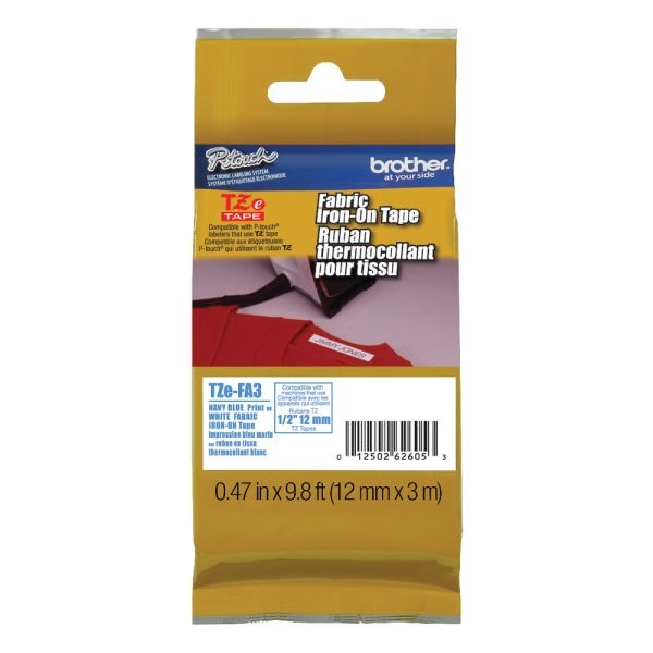 Brother Tzefa3 Ptouch Iron-On Tape - 15/32" Width - Thermal Transfer - White, Navy Blue - 1 Each - Water Resistant - High Durable, Abrasion Resistant, Fade Resistant, Chemical Resistant, Temperature Resistant, Iron-On Transfer