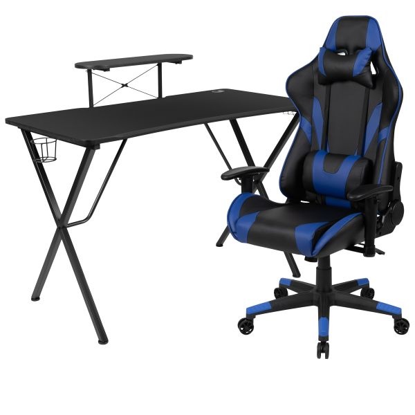Optis Black Gaming Desk And Blue Reclining Gaming Chair Set With Cup Holder, Headphone Hook, And Monitor/Smartphone Stand