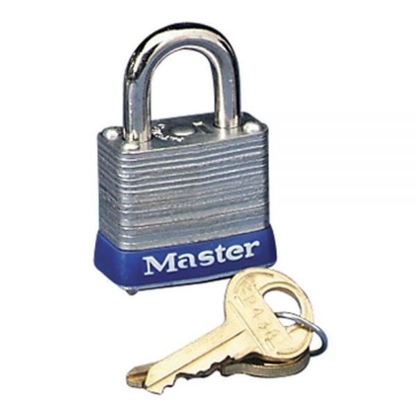 Master Lock Four-Pin Tumbler Lock, Laminated Steel Body, 1 1/8" Wide, Silver/Blue, Two Keys