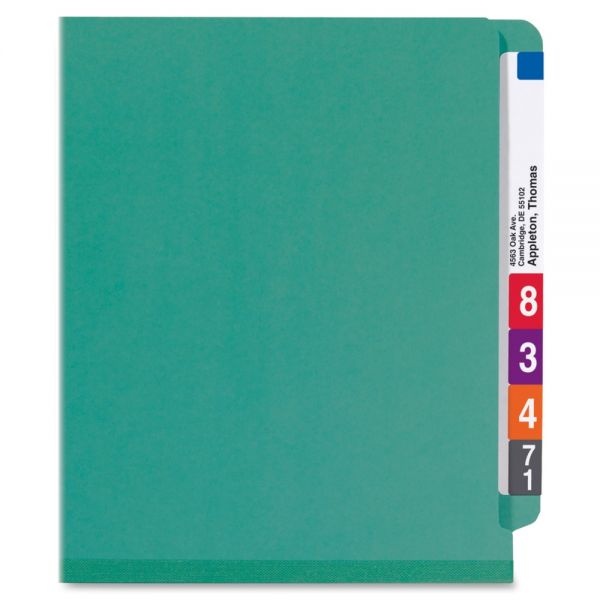 Smead End-Tab Classification Folders, With Safeshield Fasteners, 8 1/2" X 11", 2 Divider, 2 Partition, Green, Pack Of 10