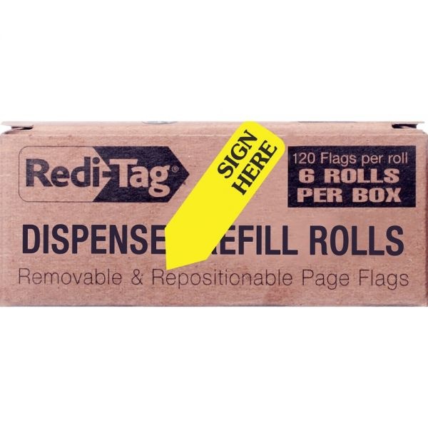 Redi-Tag Arrow Message Page Flag Refills, "Sign Here", Yellow, 6 Rolls Of 120 Flags