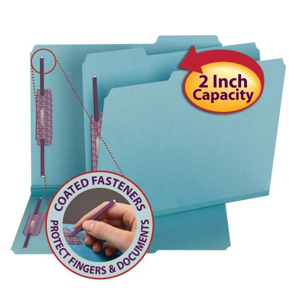 Smead Color Pressboard Fastener Folders With Safeshield Coated Fasteners, Letter Size, 1/3 Cut, Blue, Box Of 25