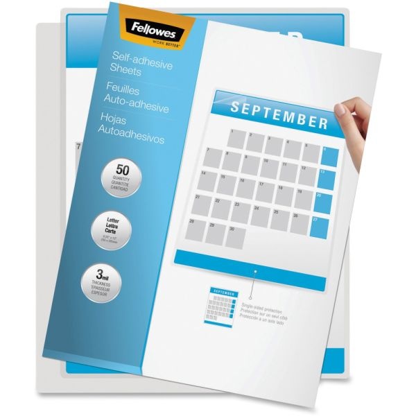 Fellowes Self-Adhesive Laminating Sheets, 9.25" X 12", 3 Mil, Clear, Pack Of 50